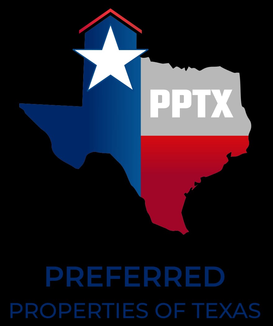 A logo featuring the shape of Texas with a house icon integrated into the design. The Texas shape is divided into three sections with blue, white, and red colors, resembling the Texas flag. A large white star is placed in the blue section, and the letters 'PPTX' are prominently displayed in the gray section. Below the Texas shape, the text 'PREFERRED PROPERTIES OF TEXAS' is written in bold blue letters.