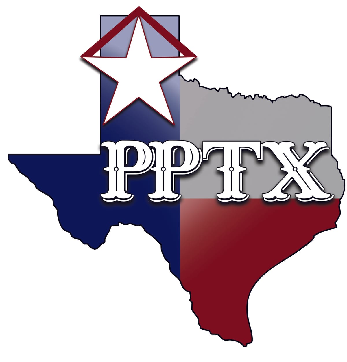 The image features the outline of the state of Texas filled with a gradient of blue, white, and red, resembling the Texas flag. A large white star with a red border is positioned at the top, overlapping the state's outline. The letters 'PPTX' are prominently displayed in the center in a bold, decorative font.