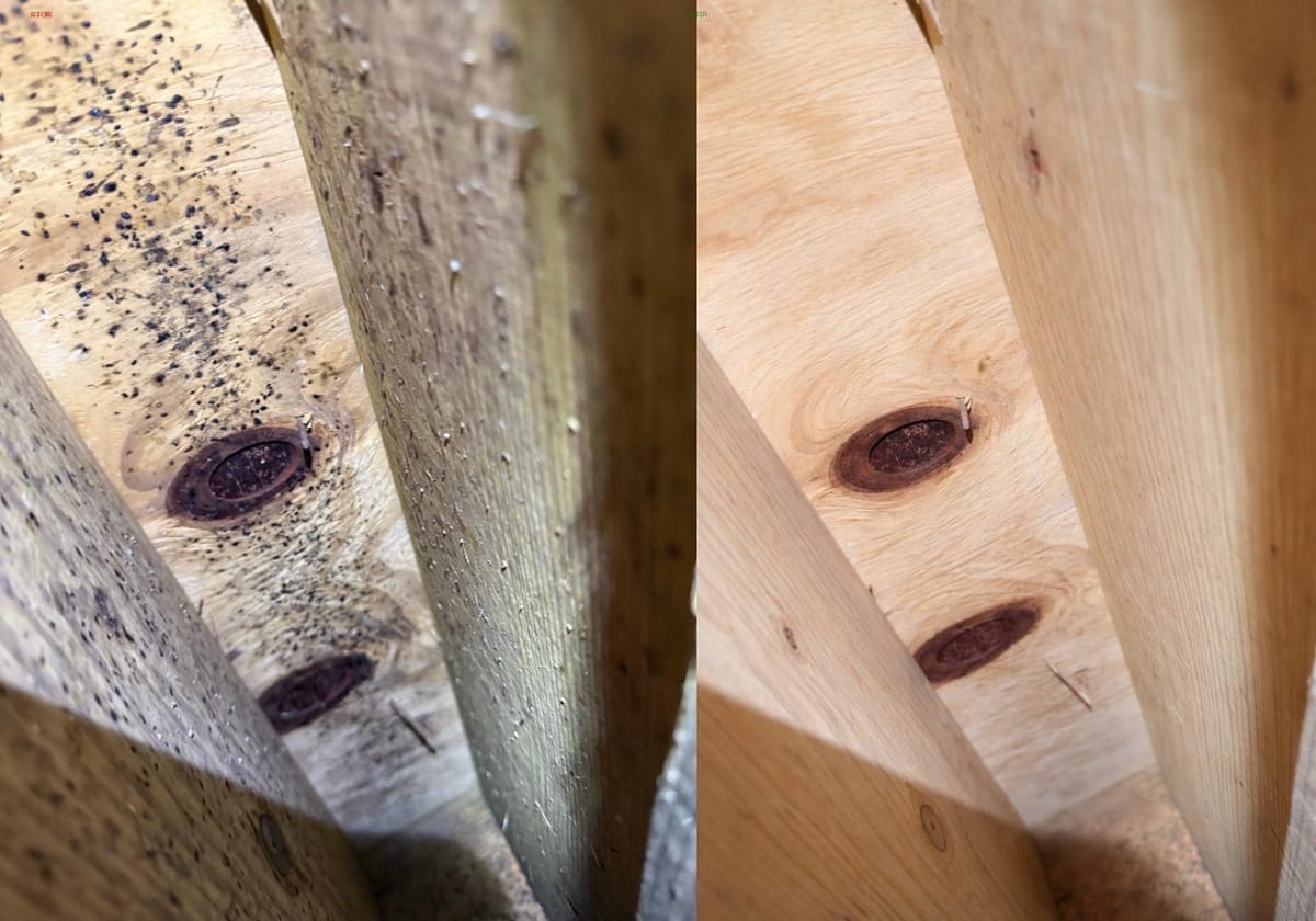 Comparison of Wooden Surface Before and After Mold Remediation Showing Significant Improvement in Cleanliness and Wood Grain Visibility