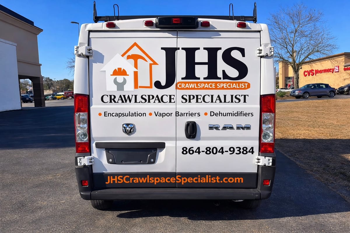 White RAM Service Van Featuring JHS Crawlspace Specialist Branding with Contact Information and Services Listed Including Encapsulation, Vapor Barriers, and Dehumidifiers, Parked in Commercial Area Near Pharmacy.