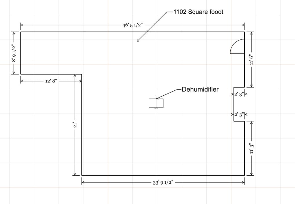Floor Plan of L-Shaped Room with Measurements and Dehumidifier Placement, Totaling 1102 Square Feet