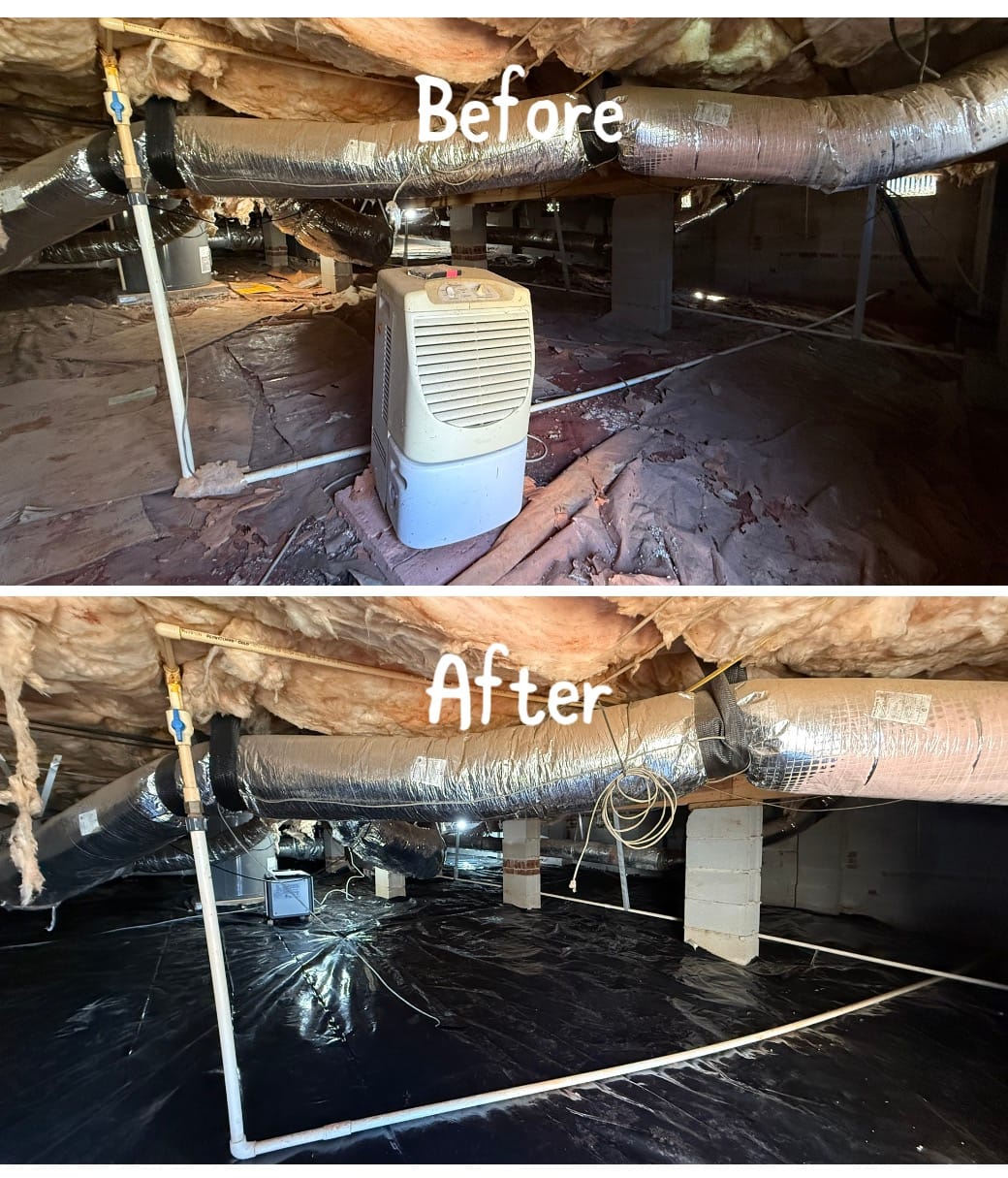 Crawl Space Renovation Transformation: Insulation and Cleanliness Improvement from Dusty and Cluttered to Neat and Sealed with Enhanced Ductwork and Vapor Barrier Installation