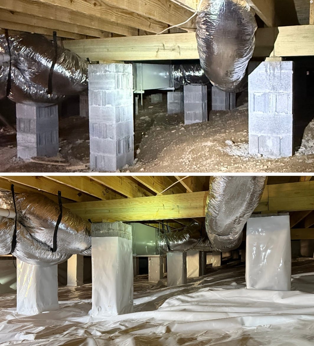 Transformation of Crawl Space with Encapsulation and Insulation: Before and After Comparison Featuring Exposed Dirt Floor and Concrete Block Supports Upgraded to Sealed Vapor Barrier and Wrapped Pillars.