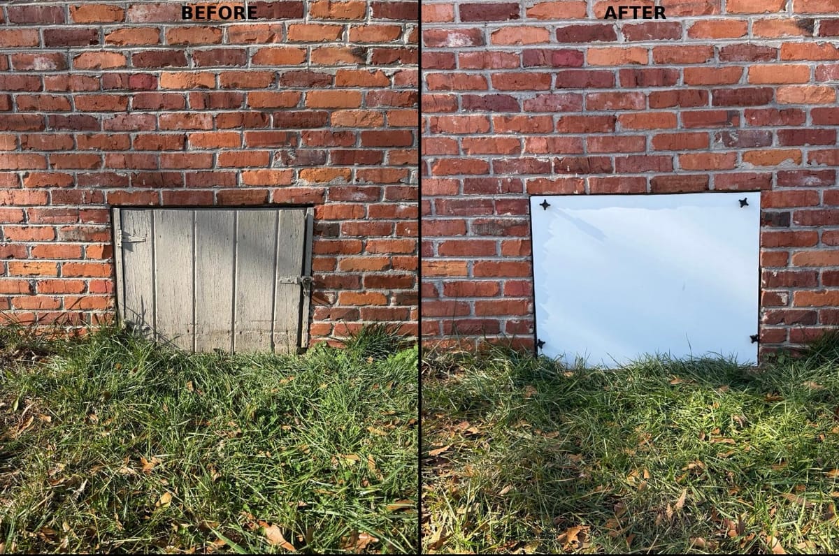 Transformation of Brick Wall Opening: Before and After with Wooden Door Replaced by White Panel, Surrounded by Green Grass and Fallen Leaves