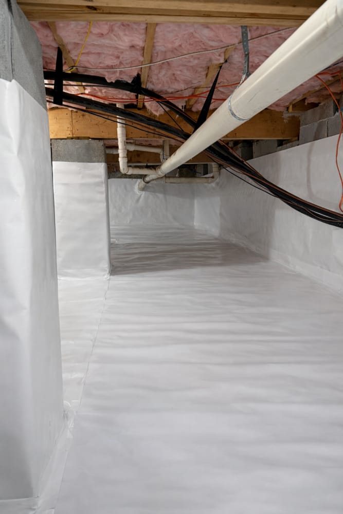 Reference photo showing plumbing above a crawl space vapor barrier