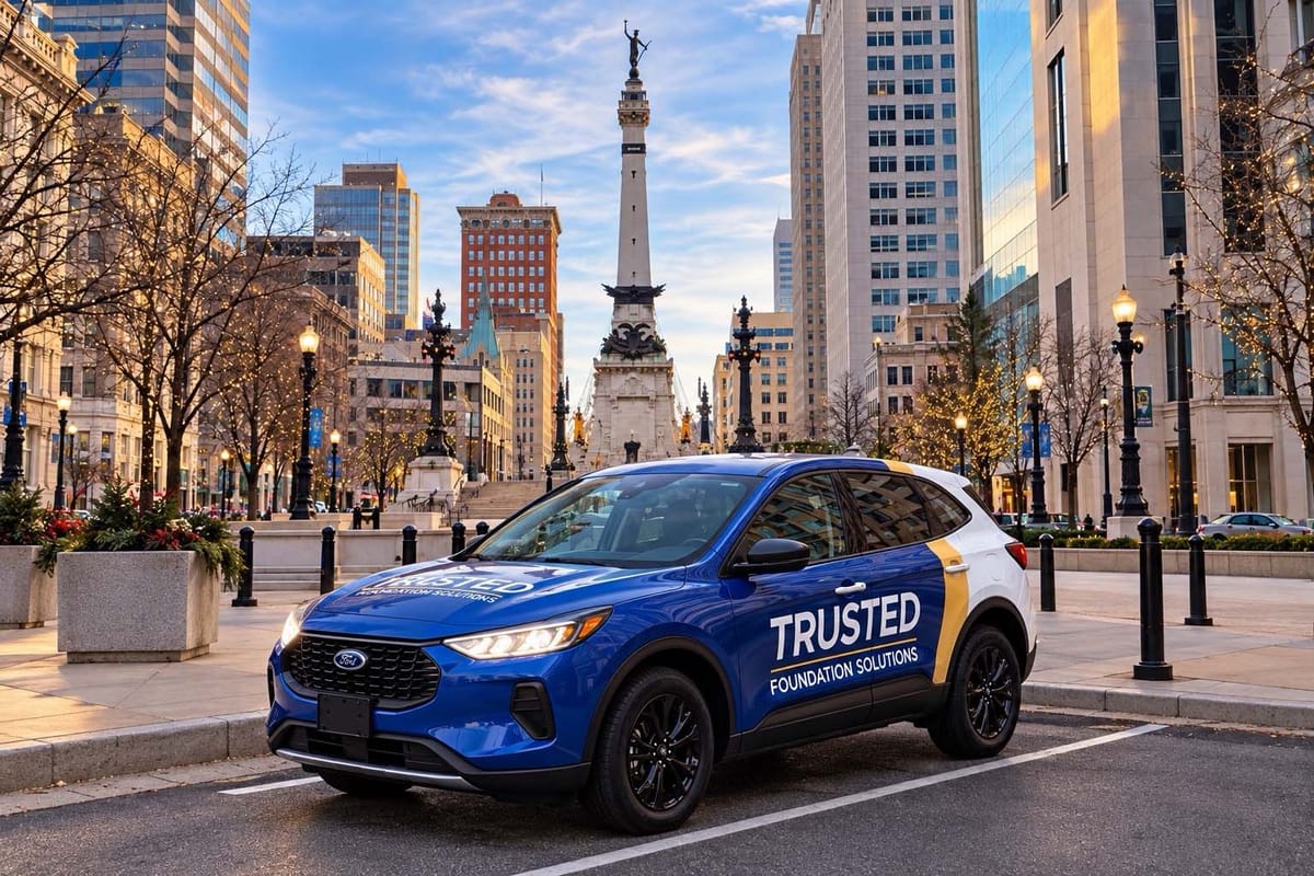 A blue SUV with 'TRUSTED FOUNDATION SOLUTIONS' branding is parked in an urban environment. The background features a cityscape with tall buildings and a prominent monument at the center. The scene is well-lit with street lamps and decorated trees, suggesting a festive or winter setting. The sky is clear with a few clouds, indicating daytime.
