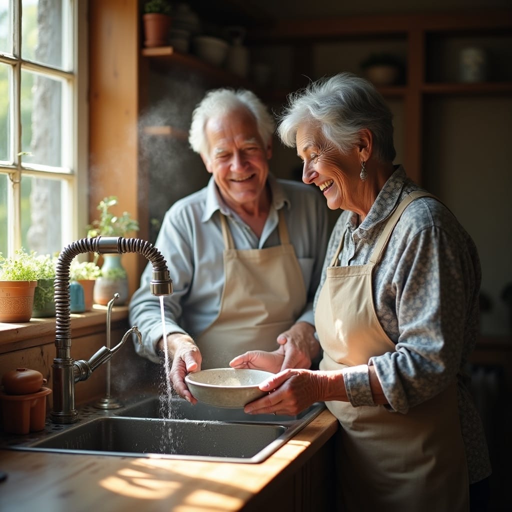 Elderly Couple Joyfully Washing Dishes in Sunlit Kitchen with Aprons and Potted Plants by the Window