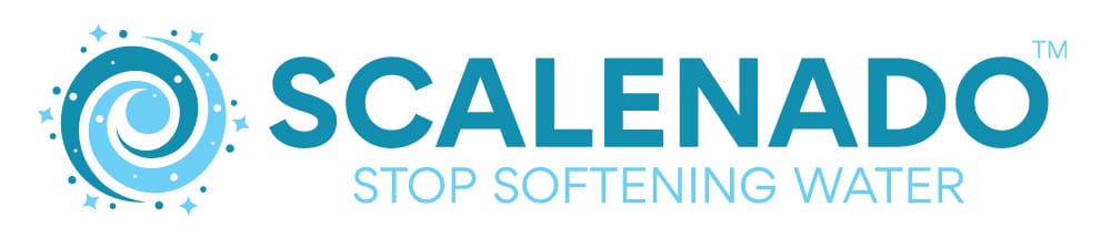Scalenado Logo Featuring Bold Blue Spiral Design with Slogan 'Stop Softening Water'