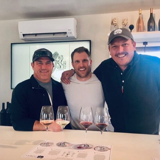 Winemaker Jim, Dusty and Fat Guy Tony hanging out at Three Fat Guys