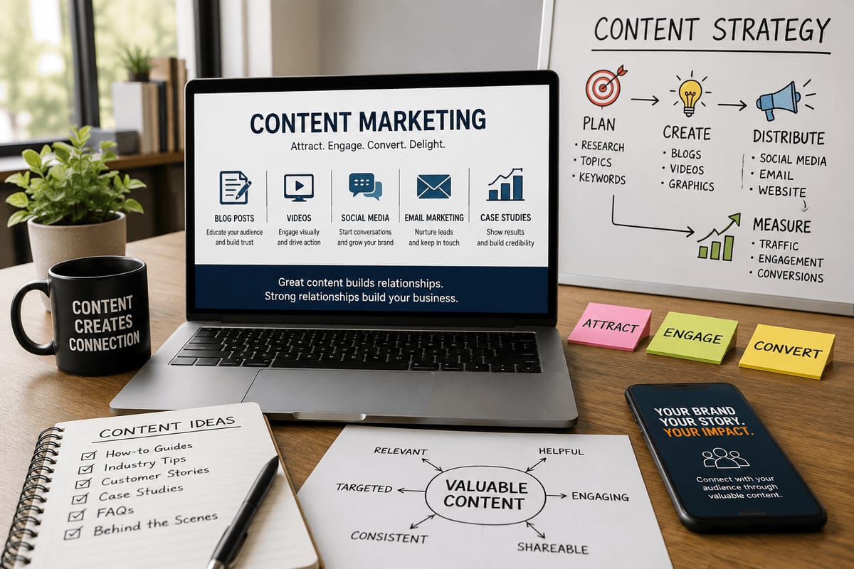A workspace setup featuring a laptop displaying a content marketing strategy with sections on blog posts, videos, social media, email marketing, and case studies. The desk includes a notebook with content ideas, a smartphone showing a marketing message, a mug with 'Content Creates Connection' text, and sticky notes labeled 'Attract,' 'Engage,' and 'Convert.' A whiteboard in the background outlines a content strategy process with steps to plan, create, distribute, and measure content.
