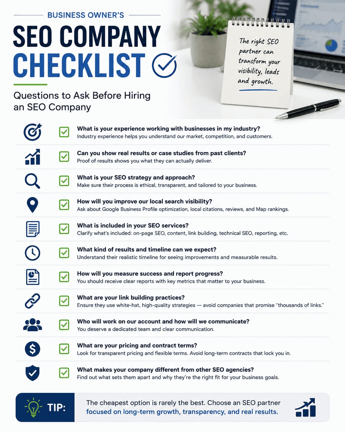 A checklist for business owners to use when hiring an SEO company. The image includes a list of questions to ask potential SEO partners, such as their experience, strategy, results, and pricing. The layout features a notepad with motivational text, a pen, and a laptop displaying graphs in the background, suggesting a professional and business-oriented setting.