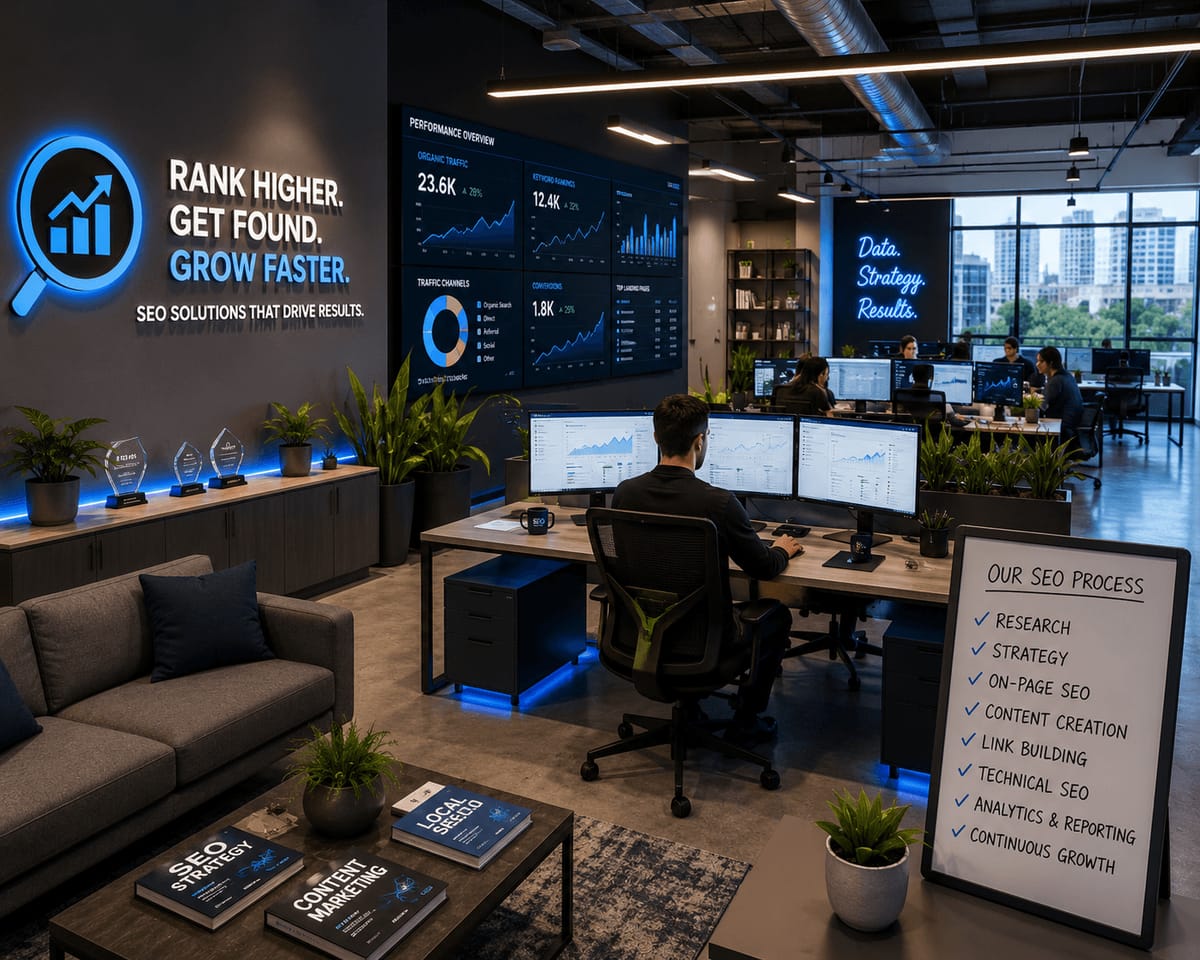 A modern office space with a focus on SEO, featuring multiple workstations with dual monitors displaying analytical data and graphs. The walls are adorned with large screens showing performance metrics such as organic traffic and conversions. A prominent neon sign reads 'Data. Strategy. Results.' The office is decorated with plants and awards, and a board outlines the SEO process, including research and strategy. The environment is professional and tech-driven, with a large window offering a view of a cityscape.