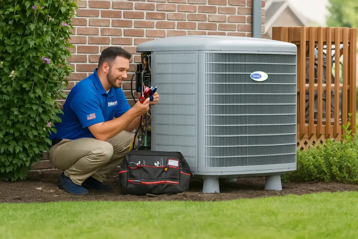 HVAC Technician Performing Maintenance on Outdoor Air Conditioning Unit Next to Brick Wall and Wooden Fence, Surrounded by Lush Greenery