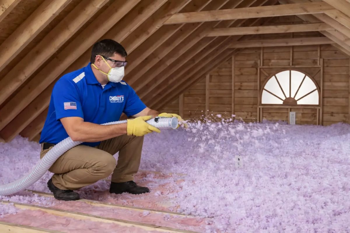 Home Attic Insulation Installation by Professional Technician in Protective Gear and Blue Uniform Using Blower Hose to Distribute Pink Insulation Material Under Exposed Wooden Rafters with Sunlight from Arched Window