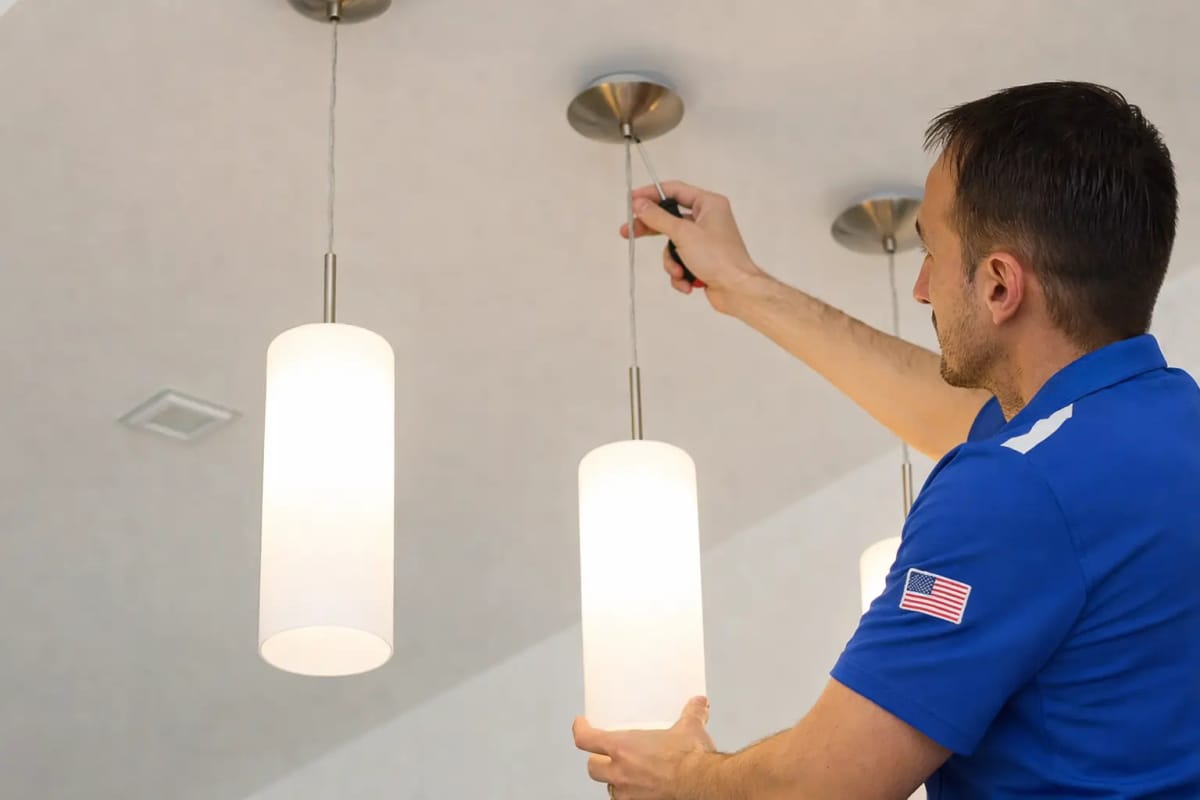 Man in Blue Shirt with American Flag Patch Installing Modern Pendant Light Fixture on Ceiling Using Screwdriver