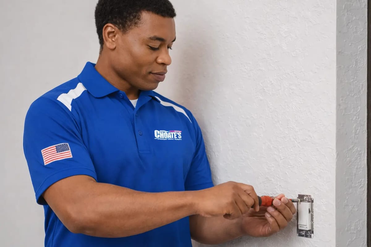 Electrician in Blue Uniform with American Flag Patch Installing Light Switch on White Textured Wall Using Screwdriver