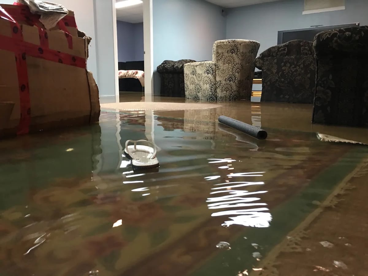 Basement Flooding Scene with Floating Flip-Flop and Waterlogged Furniture Amidst Rising Water Levels